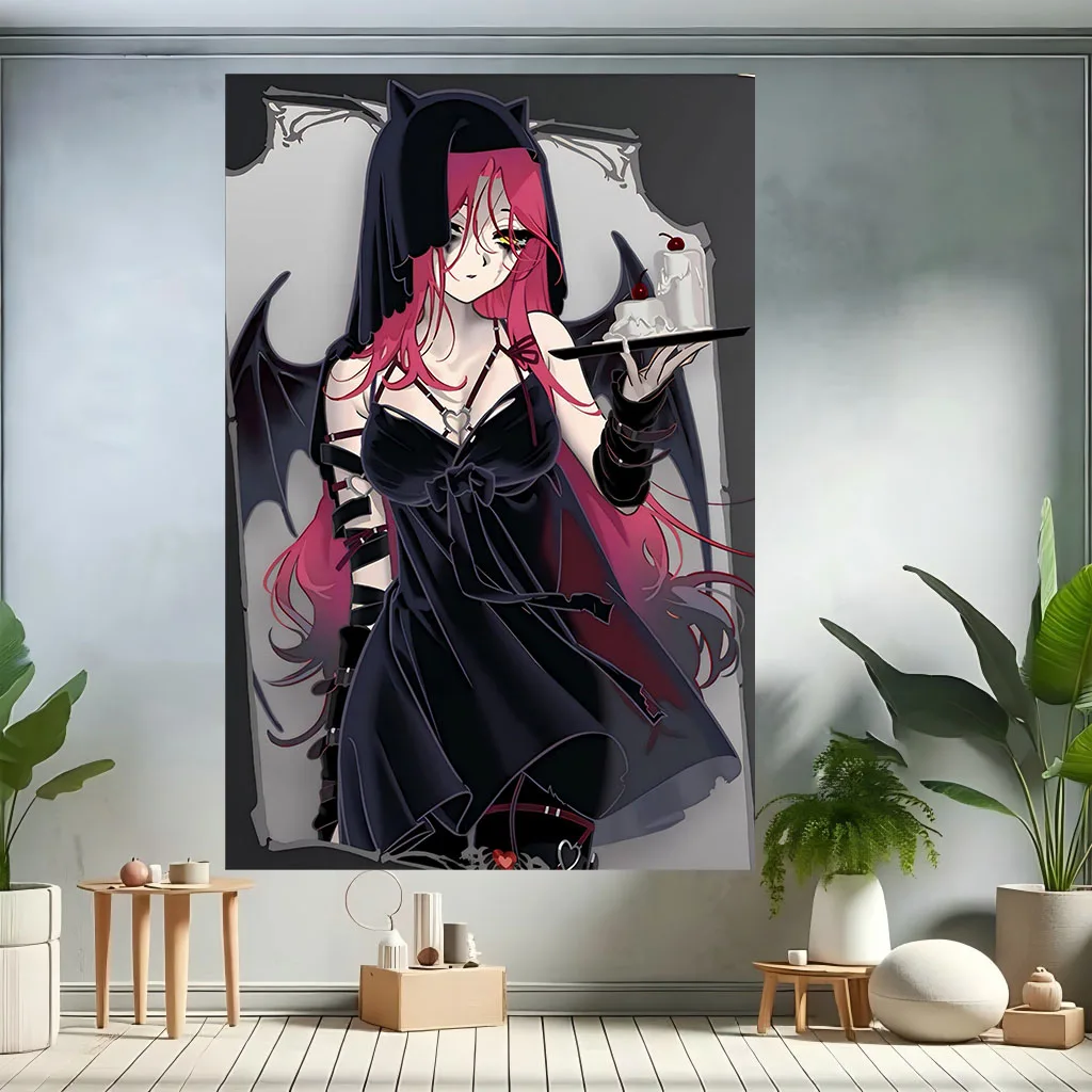 Gothic Devil Anime Girl Tapestry Pink Hair Bat Wing Cat Hood Dark Grunge Dorm Livestream Wall Hanging Decor Poster