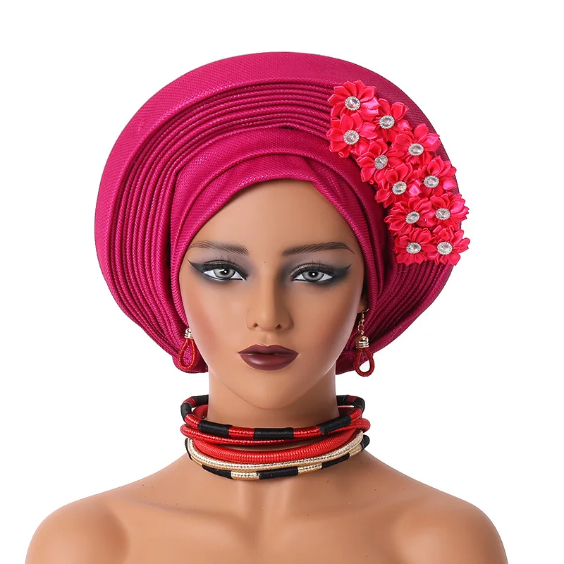 New African Headtie Turban Nigeria Head Ties with Flowers Already Made Auto Gele Women Head Wraps for Wedding Party（024012