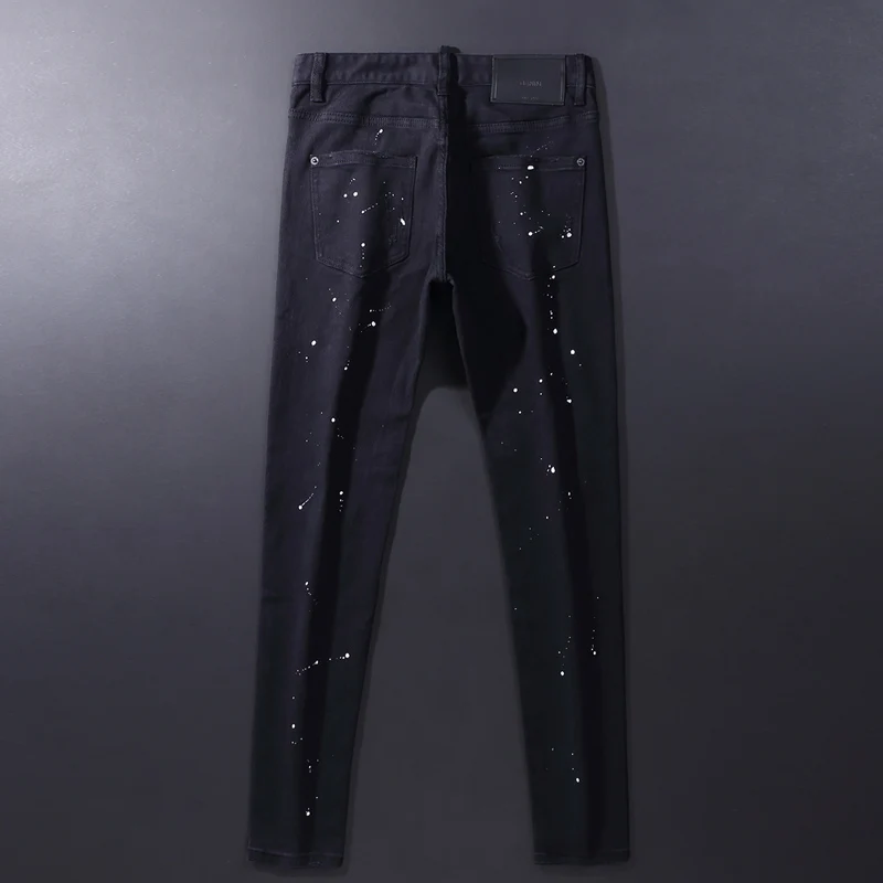 Men's Y2K High Street Fashion Black Slim Fit Ripped Jeans Elastic Waist Hip Hop Denim Painted Designer Brand Pants Hombre