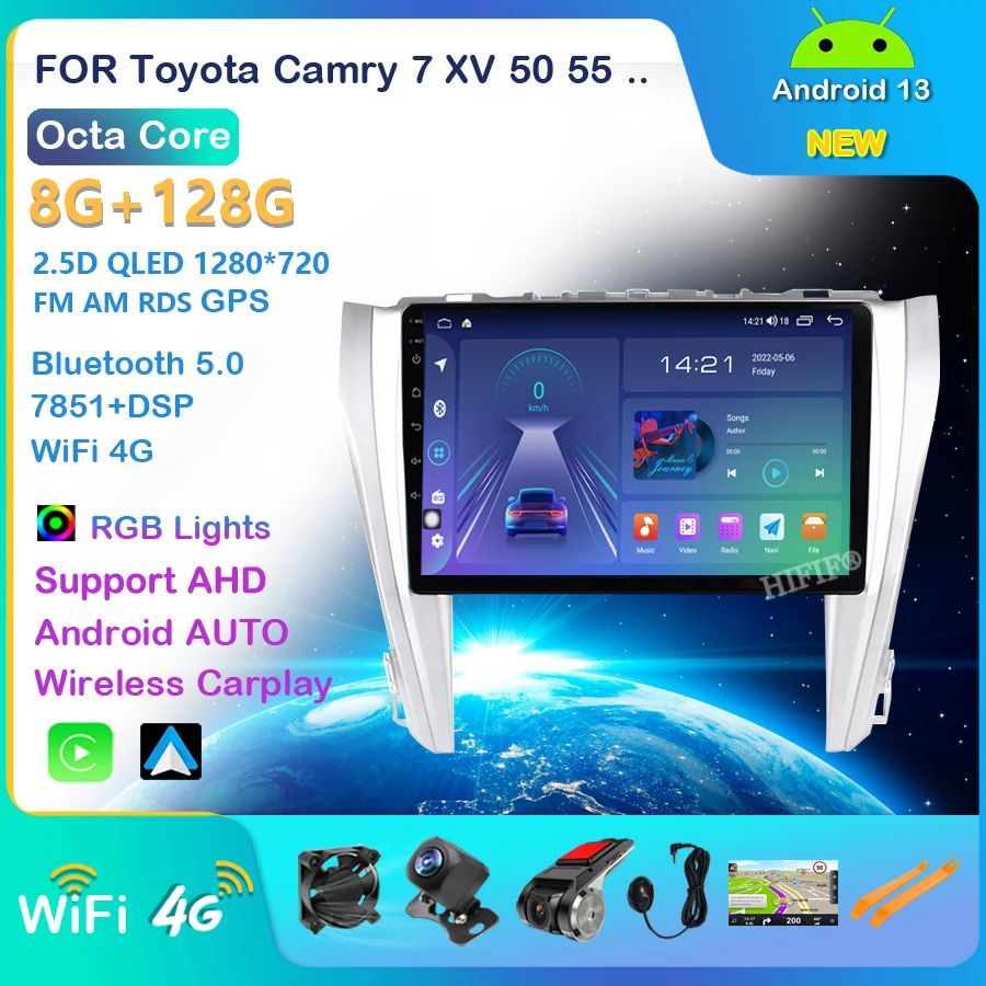 4G CarPlay Android 13 4G+64G Car Radio Multimedia Player For Toyota Camry 8 50 55 2014 - 2017 GPS no 2din 2din dvd