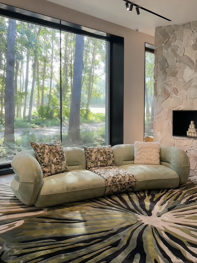 Olive Green Suede Fabric Sofa 3 Seater Curved Rolled Armrest Deep Seat Floor Style Minimalist For Living Room Villa Home