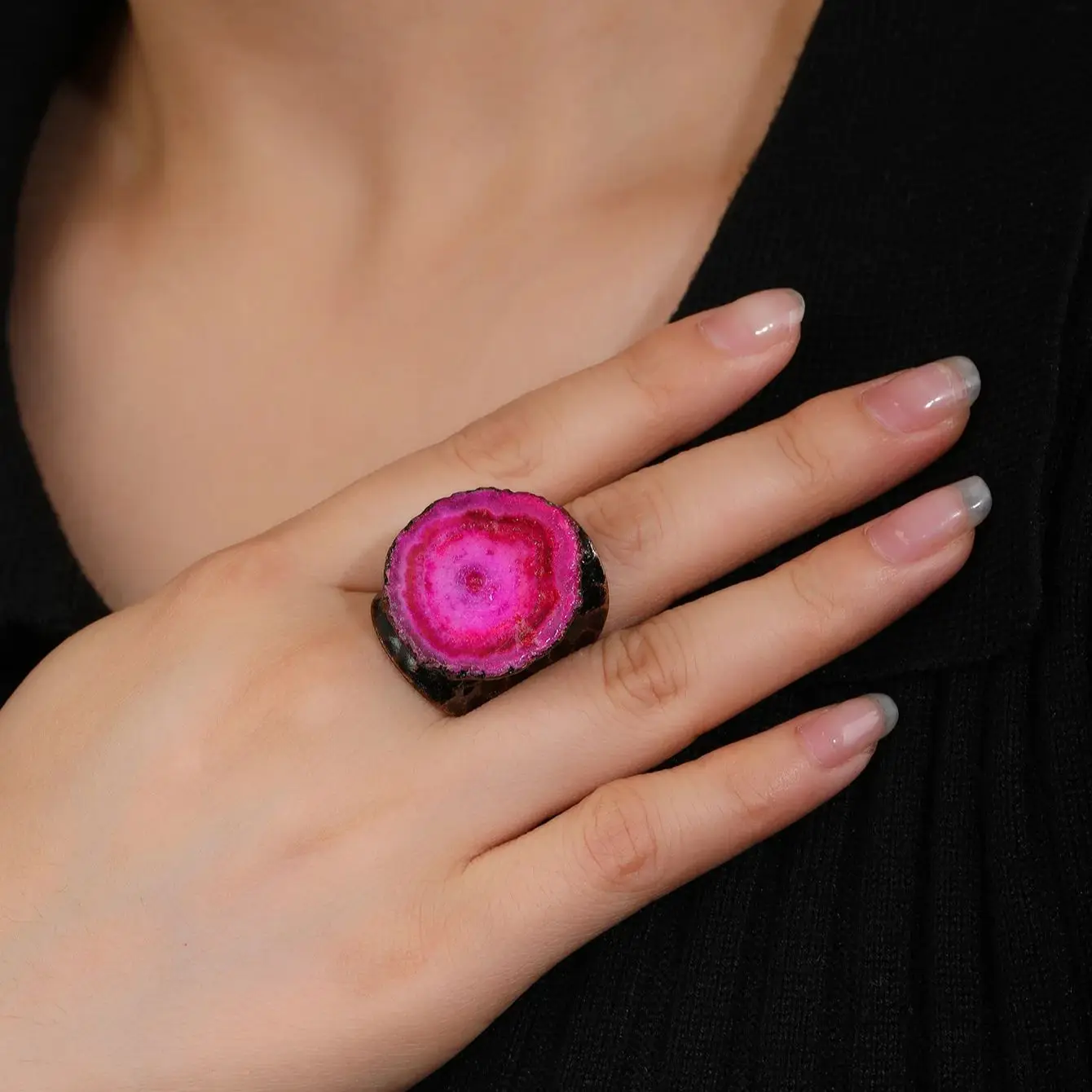 YEEVAA Special Wide Ring Made Of Natural Agate Trendy Rose Pink Color Adjustable Cuff Ring Match Daily Outfits