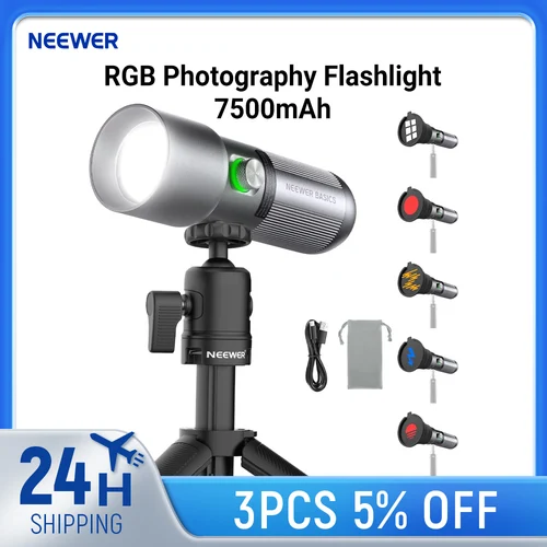 Imagen 1 del producto NEEWER BASICS Linterna de fotografía RGB con trípode de escritorio/4 colores/20 filtros Gobo/7500mAh, 10W 6300K CRI95 + foco LED