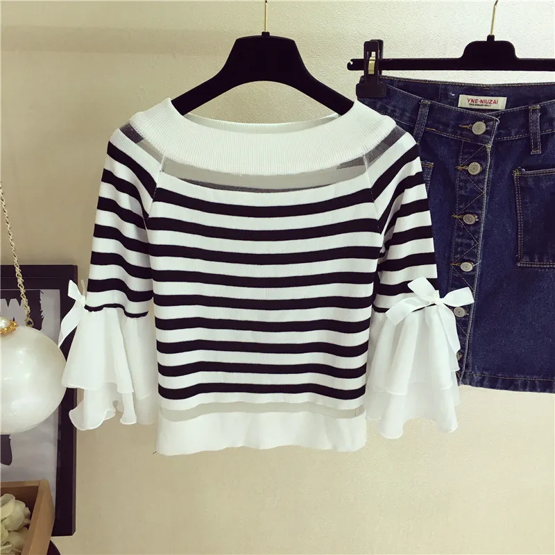 

New Sweet Striped Bow Women Blouse Three Quarter Flare Sleeve Female Blusas Fashion Knitted Slim O-neck Blusa 67641