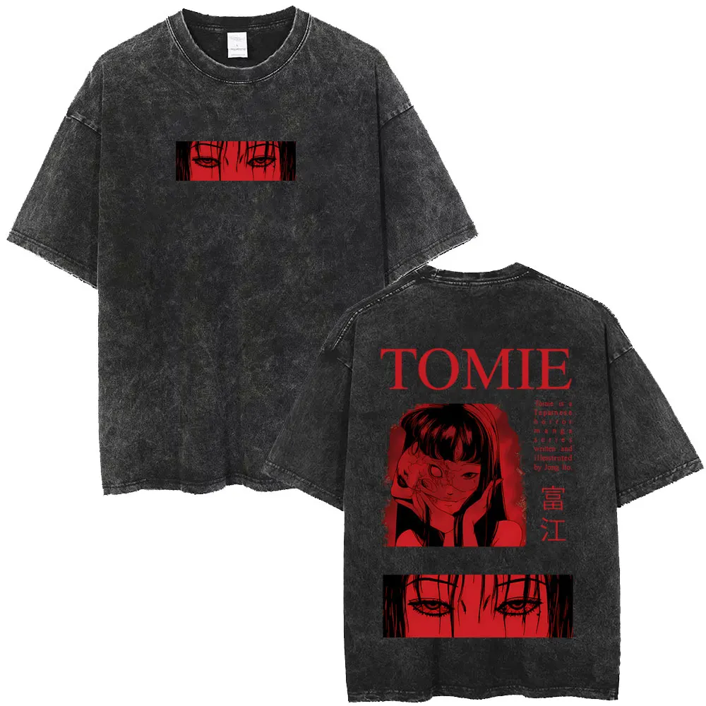Anime Tomie Junji Ito Vintage Washed T Shirt Men Women Retro Manga Horror Gothic T-shirt Men's Casual Cotton Short Sleeve Tshirt