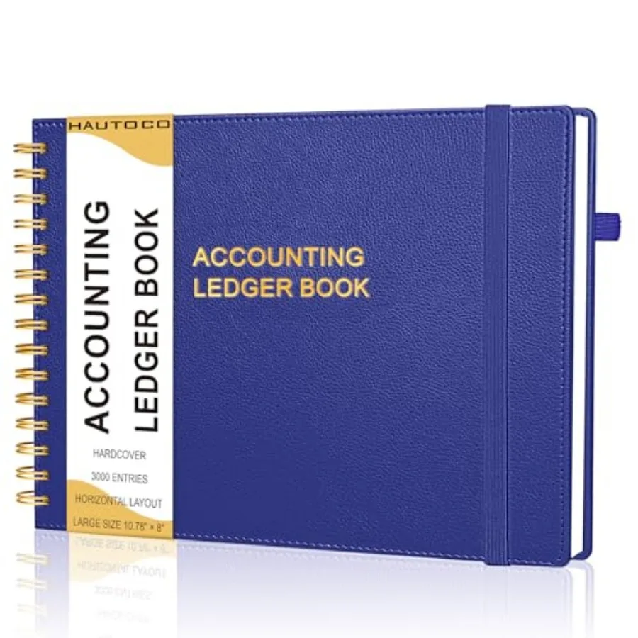 Hardcover Accounting Ledger Book for Small Business Bookkeeping Horizontal Money Expense Tracker Notebook with 2 Storage Pouch,
