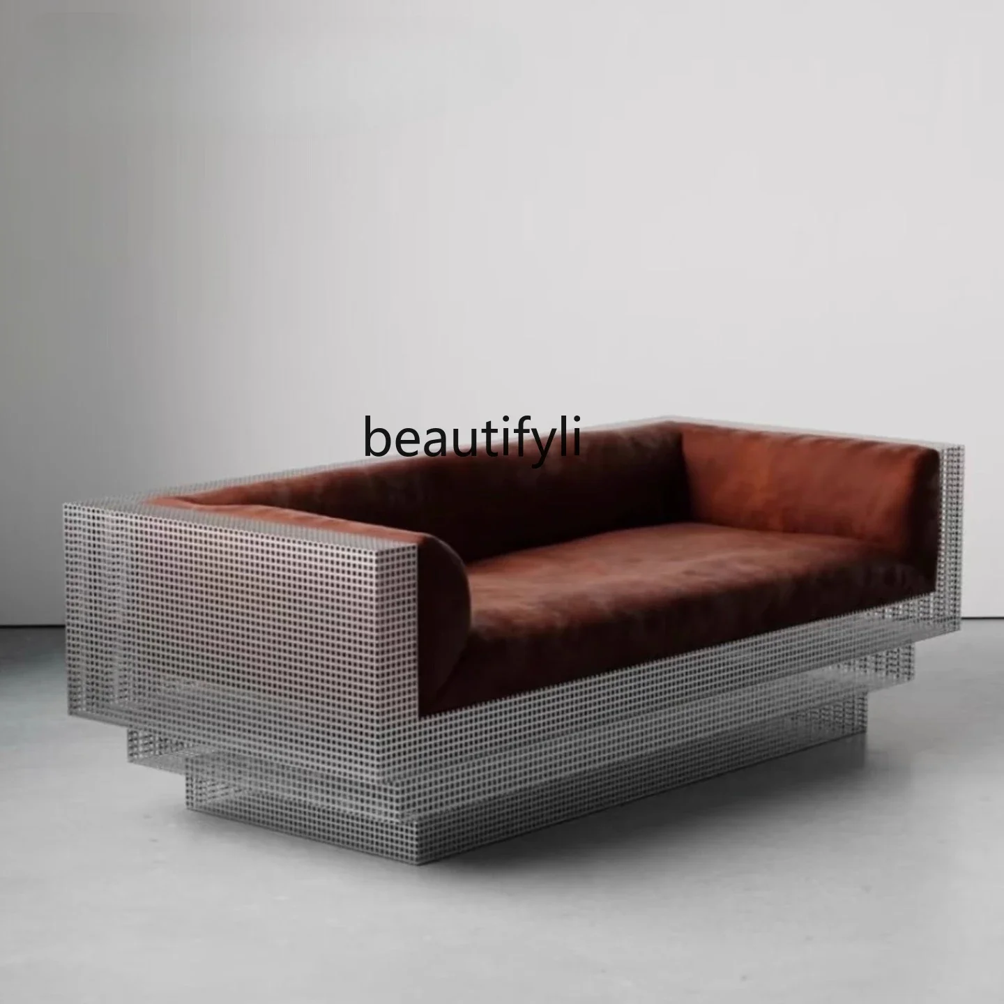 07 Nordic Mid-Century Bauhaus Stainless Steel Grid Retro Niche Metal Small Apartment Single/Three-Seater Sofa