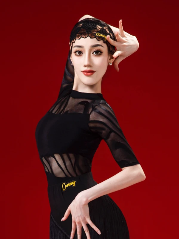 ブラックラテンダンス練習用スーツ女性用モダンワンピースダンスウェア特別なダンス用トップス半袖取り外し可能な胸パッドラウンドネック