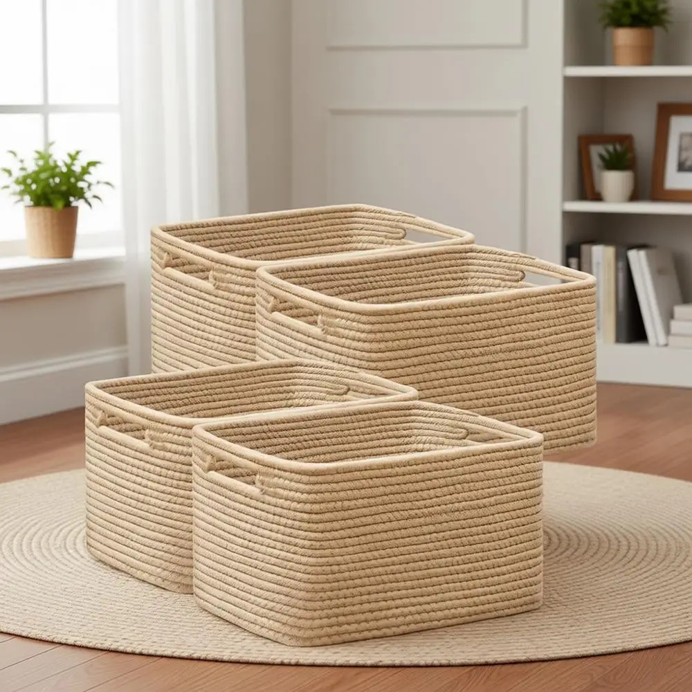 

Set of 4 Brown Woven Storage Baskets with Handles, 13L x 9W x 7.5H, Ideal for Organizing and Shelving