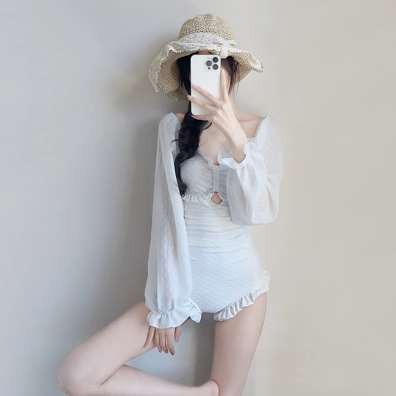 

Ele Lace Monokini Swimsuit Long Sve Thermal Bath Fairy Sle Women's Fixed Chest Pad Casual Swimwear Pure Color Bal