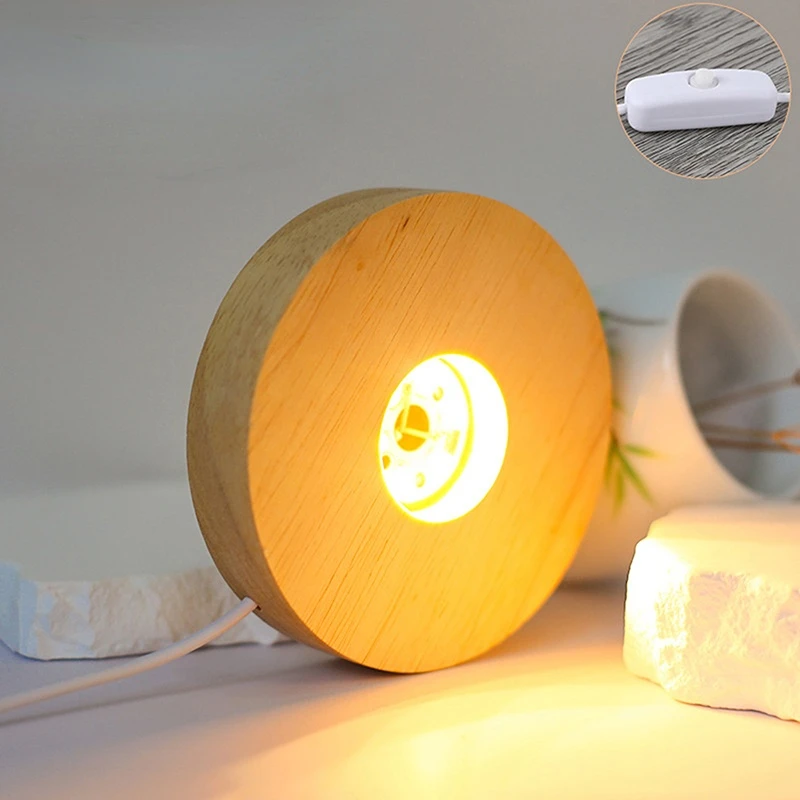 10CM Round Wooden Night Light Base Rechargeable LED Light Display Stand Lamp Holders Multi-color Lamp Base With Power Adapter