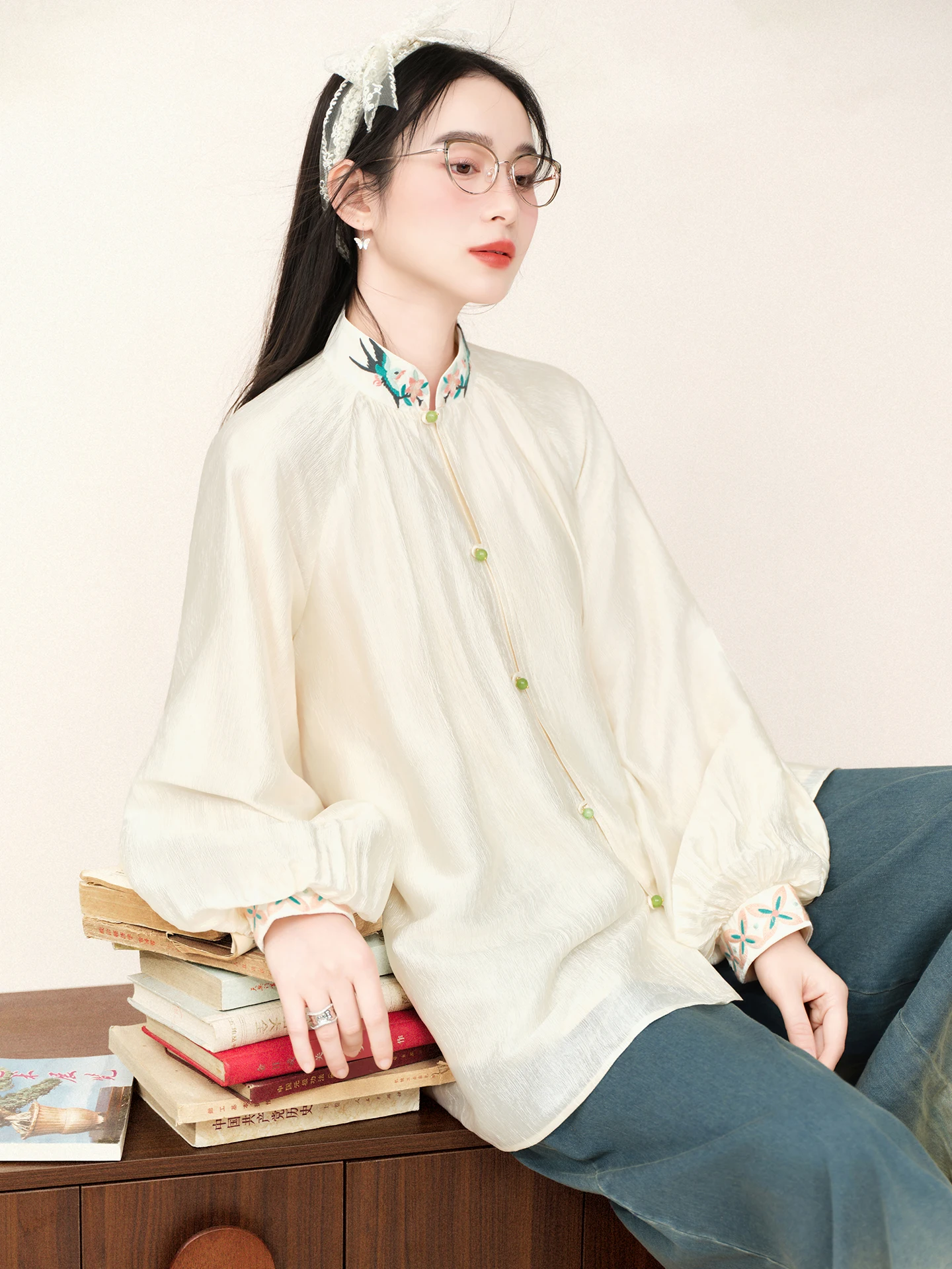 

Женская модная блузка Sulo Long Sve с вышивкой, свободного кроя, с воротником-стойкой, в китайском национальном стиле, новинка весны