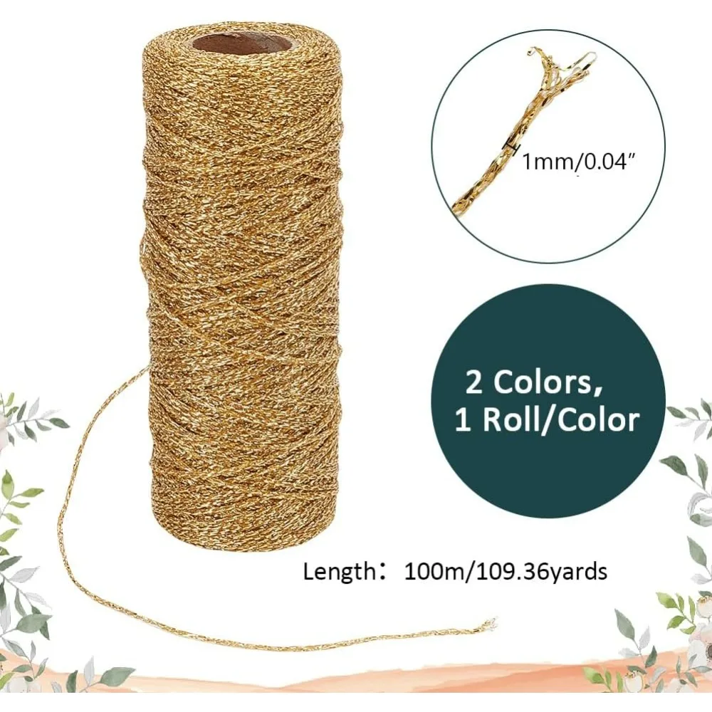 220 Yards Metallic Thread Cord 1mm Twine String Gold and Silver Decorative Wrapping Sparkle Thread Ribbon Present Making Kit