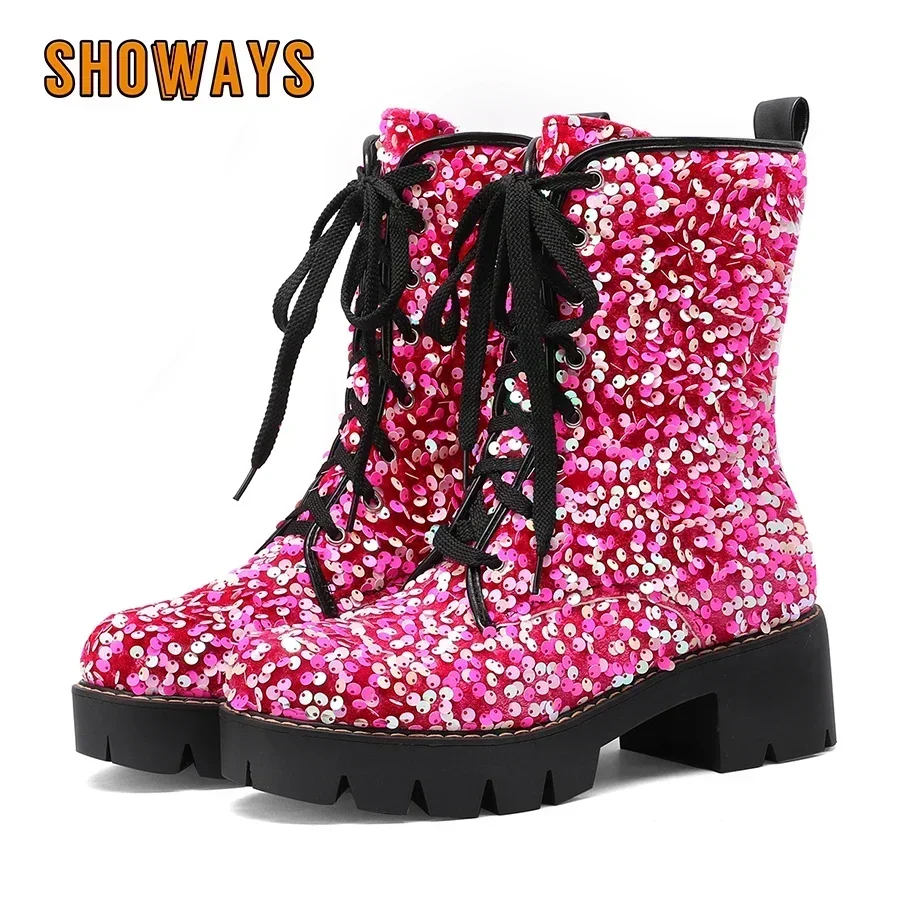 

Розовые блестящие британские женские ботильоны на платформе, золотые тканевые короткие ботинки на платформе с блестками на высоком толстом каблуке и круглым носком на шнуровке