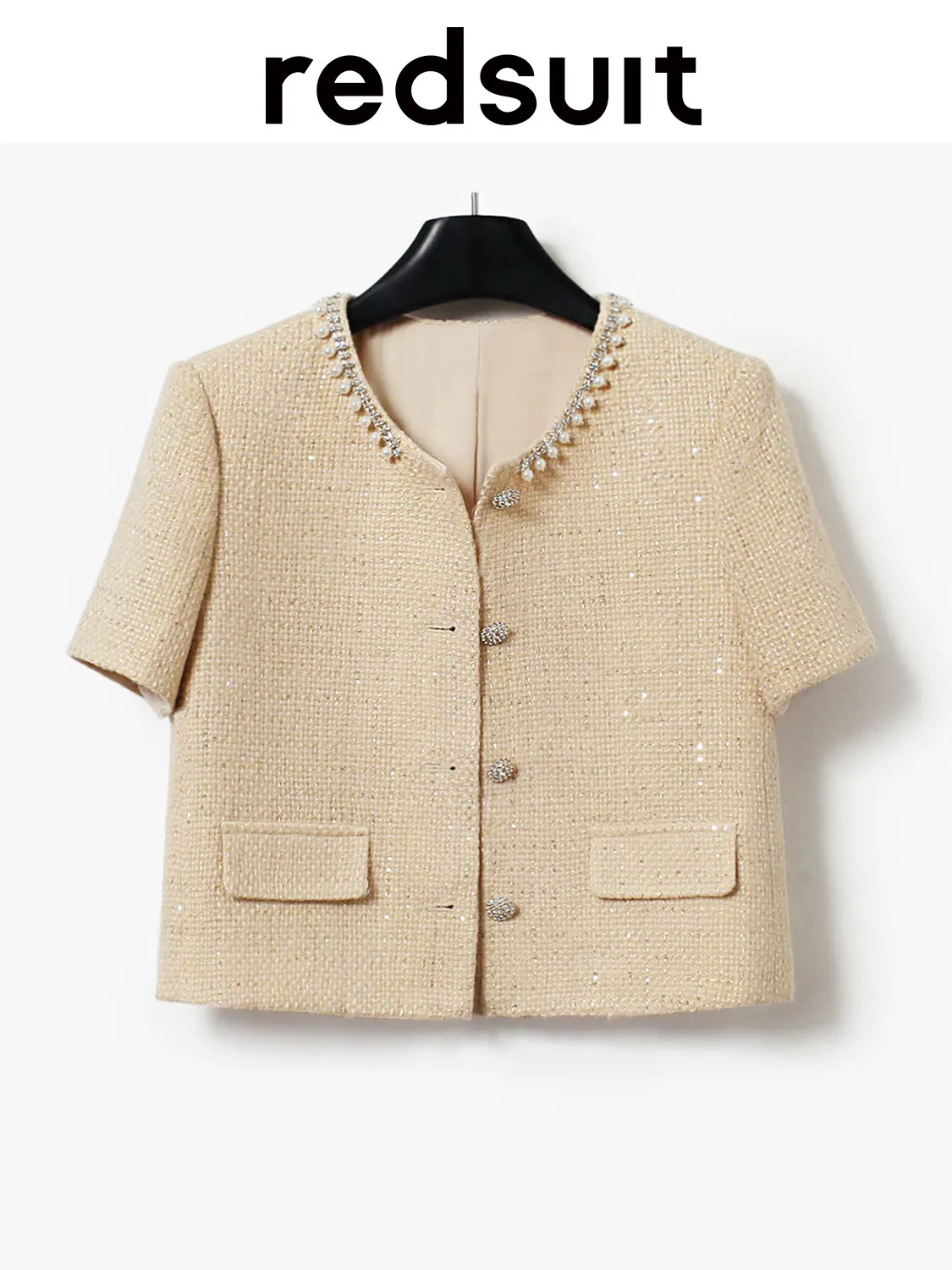 New Heavy industry nail bead apricot short sleeved jacket, fashionable  versatile top Custom Size