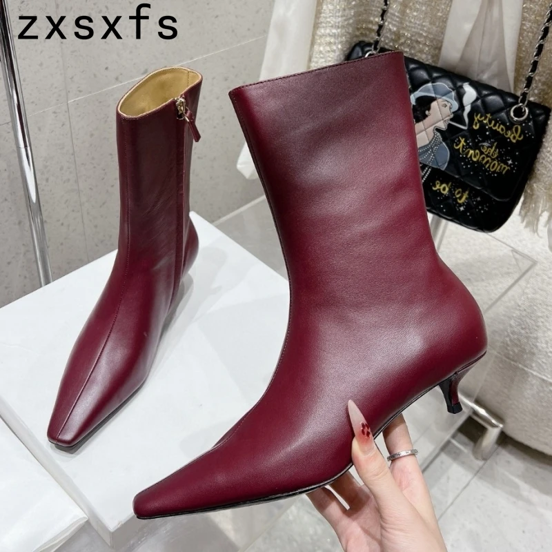 New Real Leather Ankle Boots For Women Kitten Heel Party Shoes Ladies Autumn Cowboy Short Boots Classic Botas Mujer 2024