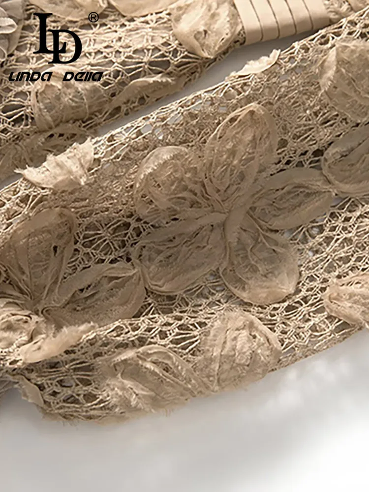 LD LINDA DELLA 2025 الخريف/الشتاء موضة شبكة سوداء الفطريات حافة مكدسة المرقعة كم طويل الرقبة المستديرة S-4XL فستان