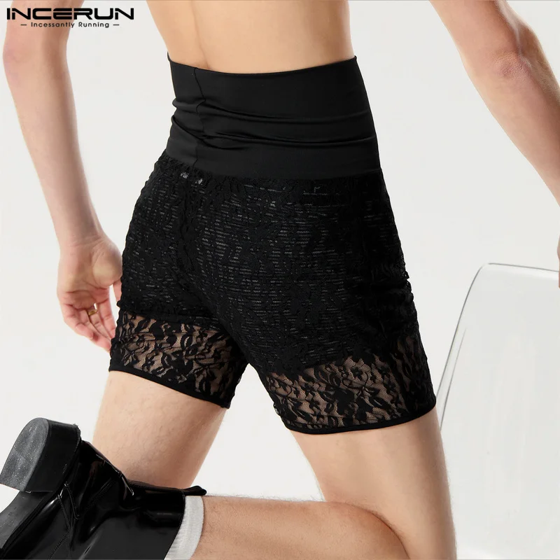 Men Shorts Lace Patchwork High Waist Transparent Shorts Streetwear Elastic 2024 Sexy Summer Fashion Men Bottoms S-5XL INCERUN