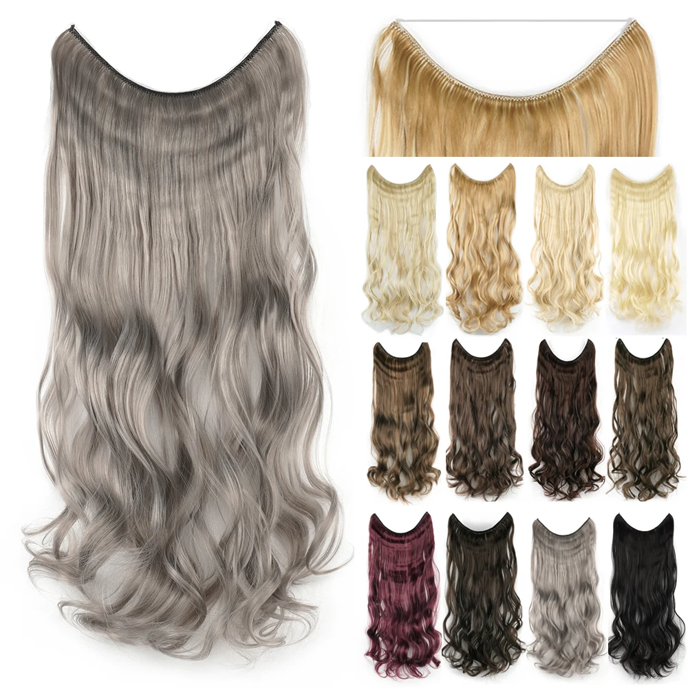 Soowee Long Grey Synthetic Hair Hairpieces Fish Line Fusion Invisible Curly Hair Extensions Aplique De Cabelo