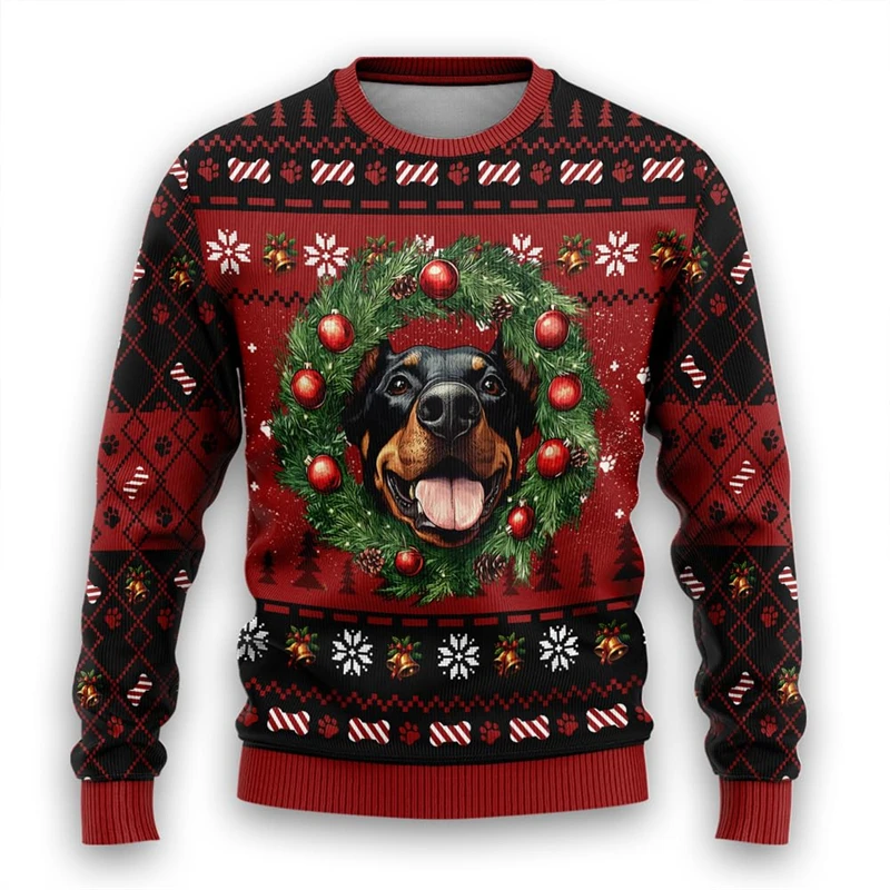 Cute Wreath Dog Graphic Sweatshirts For Women Clothes Pomeranian Doberman Ugly Christmas Sweater Pet Dogs Pullovers Female Tops