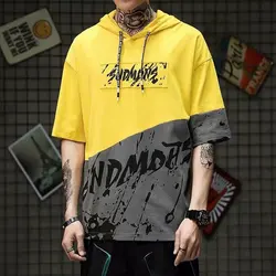 Korean Version Of The Trendy Top T-Shirt Men's Hooded Splash Ink Printing T-Shirt Youth Summer Thin Daily Casual Short-Sleeved