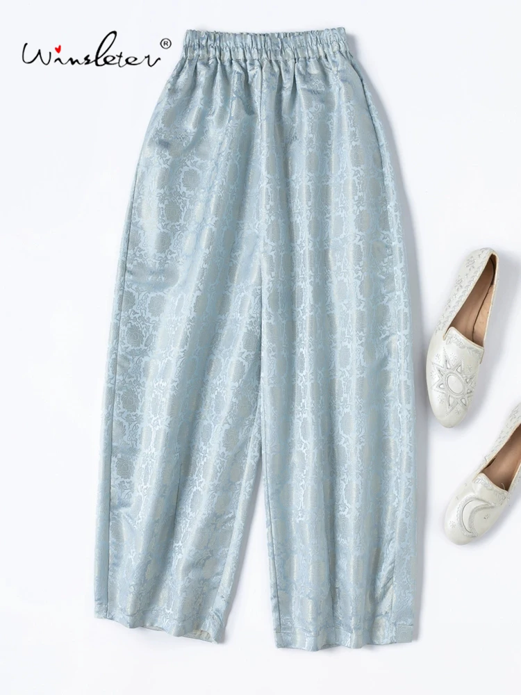 

Winsleter-Women 30MM 100%Real Silk Elegant Trouser, Elastic Waist Jacquard, Retro Casual Loose Harem Pants, 2025 Summer B56305CC