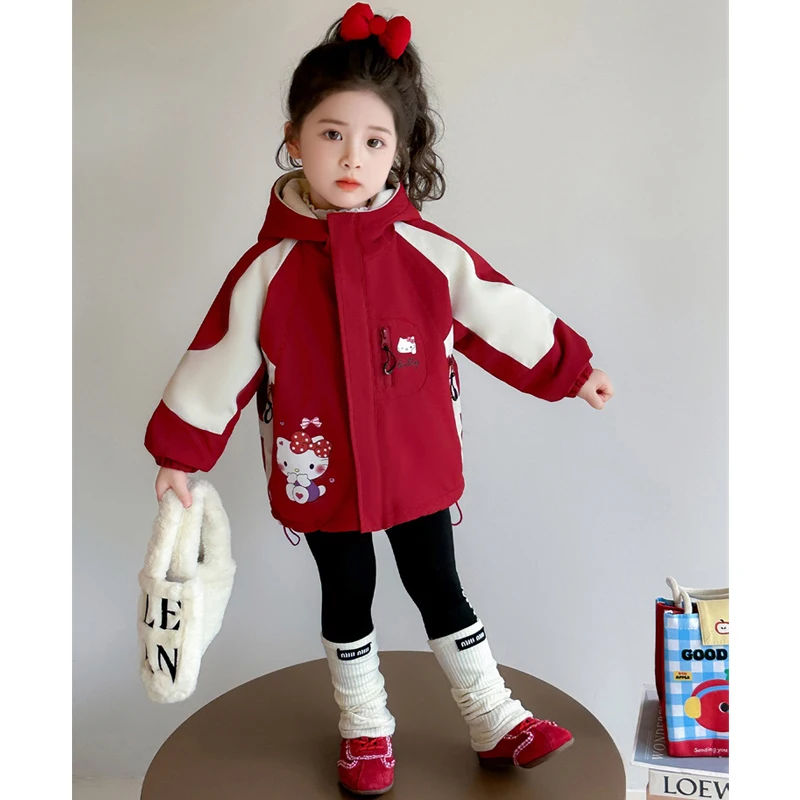 

Sanrio Hello Kitty Kid Plush Outdoor Jackets Kawaii Y2k Anime Children's Clothing Girl Winter Jumpsuit Girls Coat Real Fur Kids