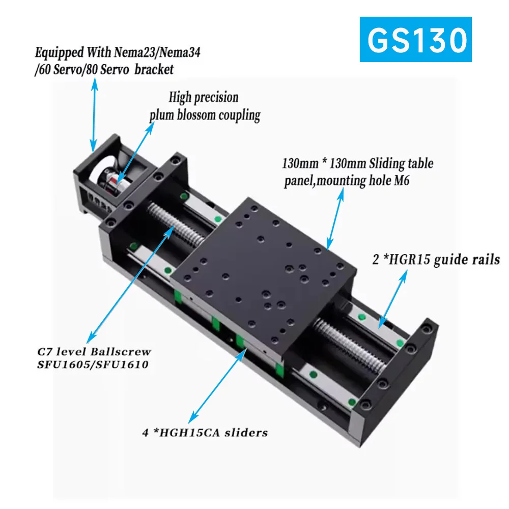 Módulo de mesa deslizante de placa de acero pesado de 130MM de ancho, tornillo de bola SFU1605/1610 carrera 100 ~ 1000mm 4 * Actuador lineal HGH15CA eje XY CNC