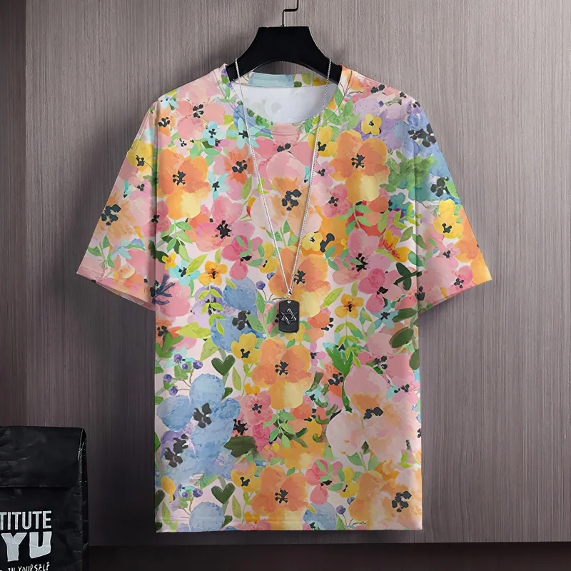 3D Print Colorful Flowers Clusters T Shirt For Men Grass Plant Pattern Tees Summer Casual Short Sleeve Tops Round Neck T-Shirts
