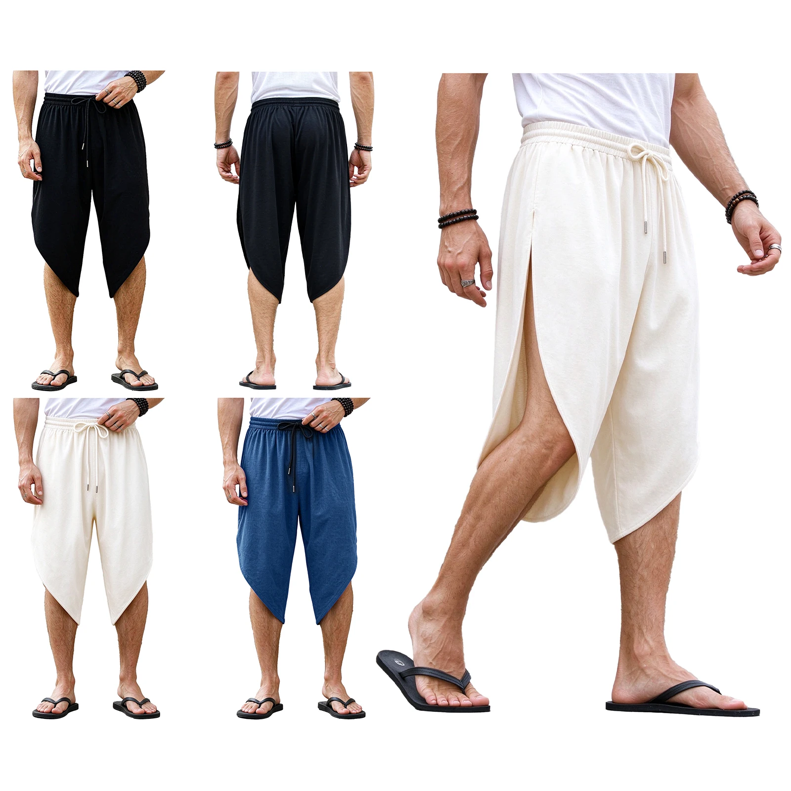 Japanese Samurai Pants Men Asymmetrical Sides Split Shorts Drawstring Waistband Shorts for Chinese Kung Fu Practice Trousers