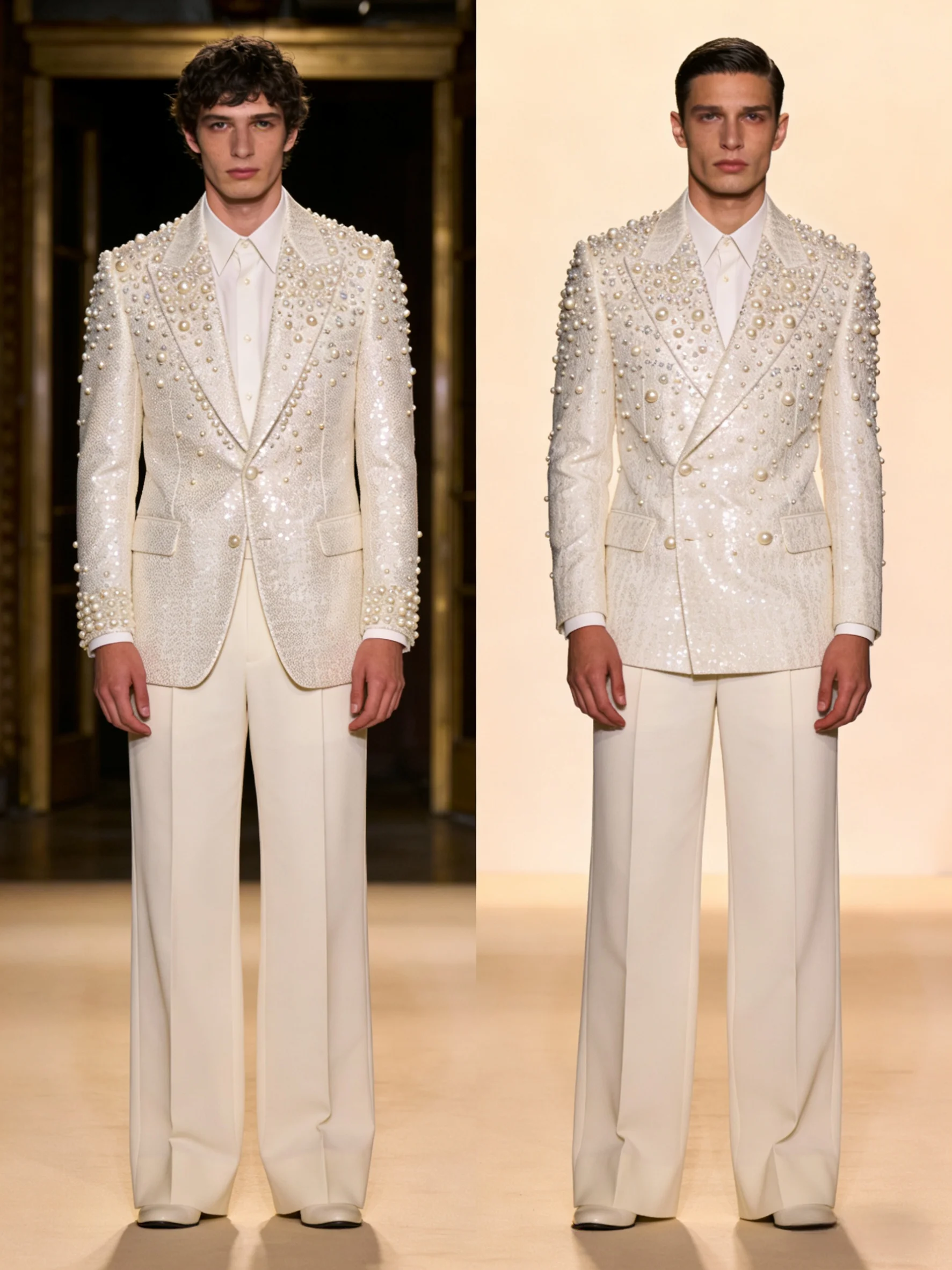 

White Pearls Glitter Sequins Men Suit Set 2 Pcs Blazer+Pants Trousers Customized Formal Office Jacket Wedding Tuxedos Prom Coat