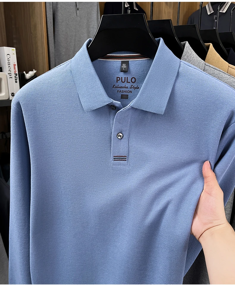 Hochwertiges Langarm-Poloshirt aus 100% Baumwolle für Herren, neue Luxus-Modemarke, Frühling/Herbst, luxuriöser Komfort, lässiges Business-T-Shirt. – Detail 9