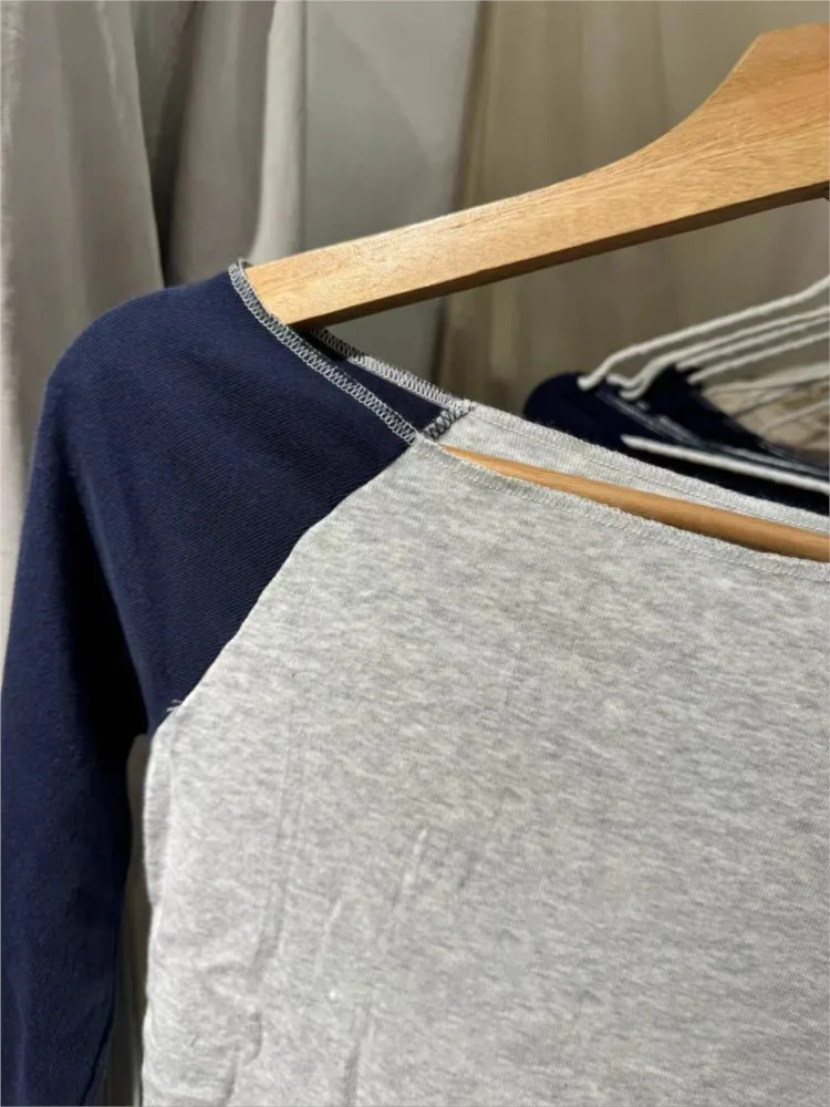 New Patchwork Long Sleeve T-shirt Women Spring Slash Neck Cotton Slim Tee Shirts Female Sweet Streetwear Vintage Tshirt Tops Y2K