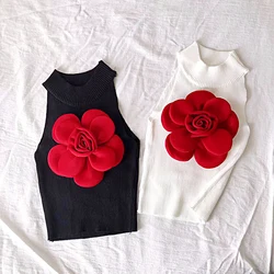 2024 New Summer Knitted T Shirt for Women Big Flowers Vintage Sexy Ropa De Mujer y2k Fashion Short Tank Tops camisetas tees