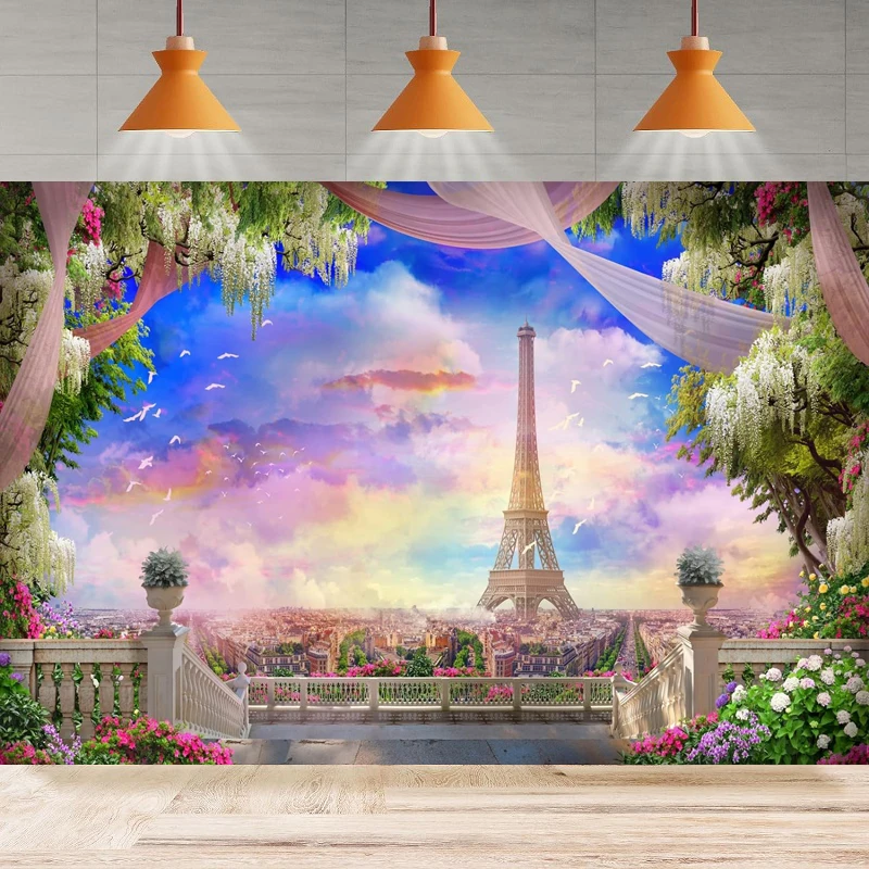 Sunset Over Eiffel Tower Photography Backdrop Flower Covered Balcony Paris Famous City Background Party Backdrop Wall Banner