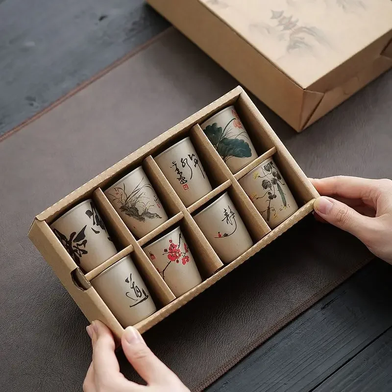 Handmade Stoneware Chinese Style Tea Cup Set 8 Pieces in Gift Box for Gongfu Tea Ceremony Home Use Decor Gift