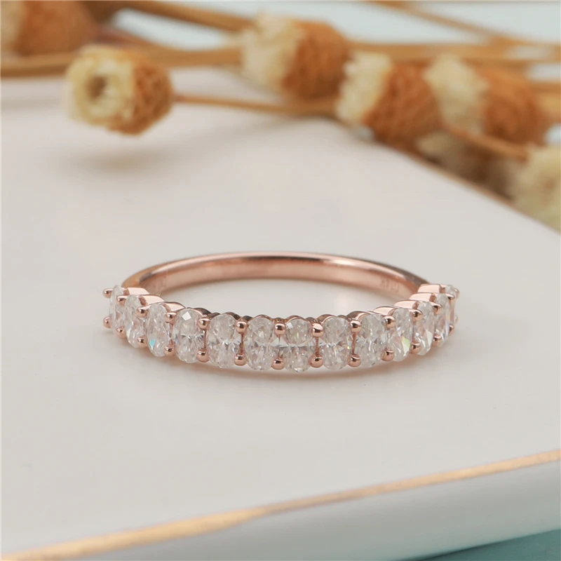 CxsJeremy 14K 585 Rose Gold Moissanite Diamond Ring Oval Cut 2*3mm Moissanite Stack Half Eternity Wedding Band for Women Gift