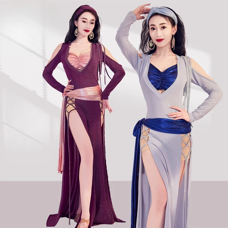 أزياء الرقص الشرقي الجديدة المخصصة، رداء طويل لامع، ملابس ممارسة الرقص الشعبي، فستان أداء بلدي #3