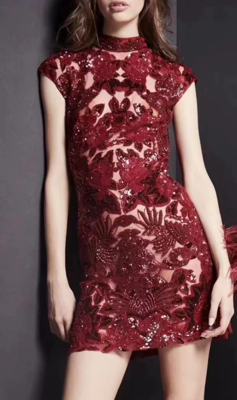 New Arrival Zuhair murad High Neck Dark Red Bead Short Length فساتين السهرة vestidos de fiesta  فساتين سهره evening dresses