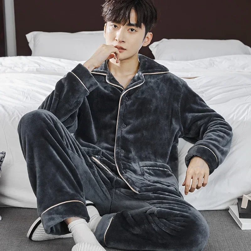 Winter Sleepwear Men Winter Thick Flannel Warm Homewear 2Pcs Sets Lapel Collar Button Pajama Sets Male Casual Tops Elastic Pants