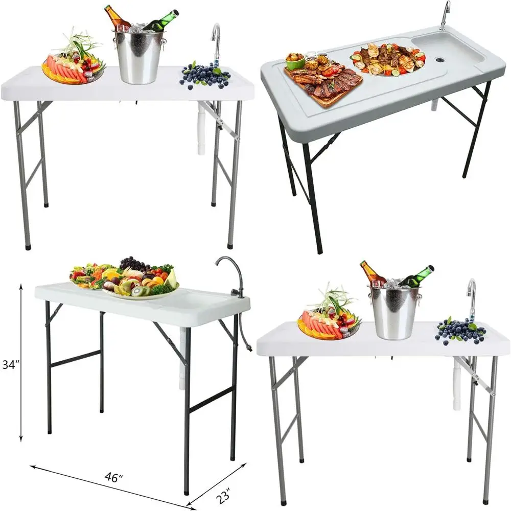 

Портативный уличный стол для уборки с раковиной и дренажем, идеально подходит для кемпинга, пикников и садоводства, белый