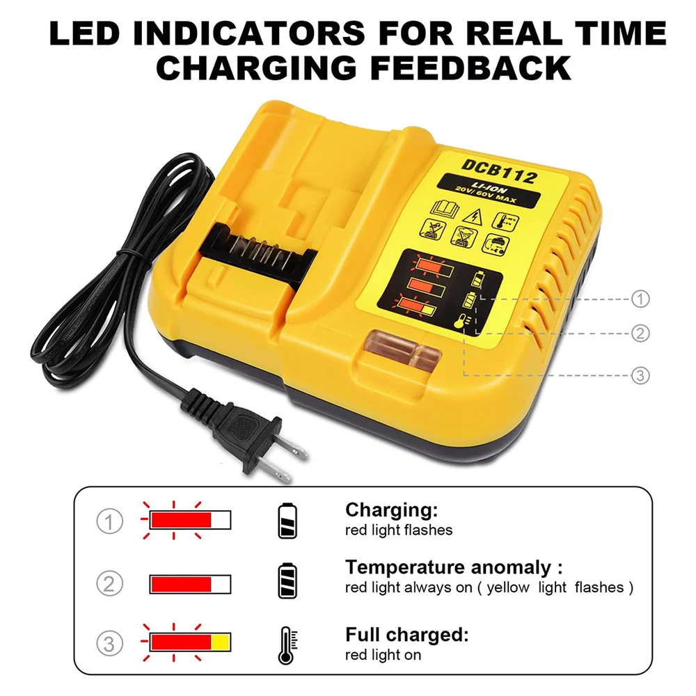 DCB112 2A Lithium Battery Charger For Dewalt 10.8V 12V 14.4V 18V 20V DCB206 DCB205 DCB204 DCB203 DCB120,DCB107 DCB115 DCB105