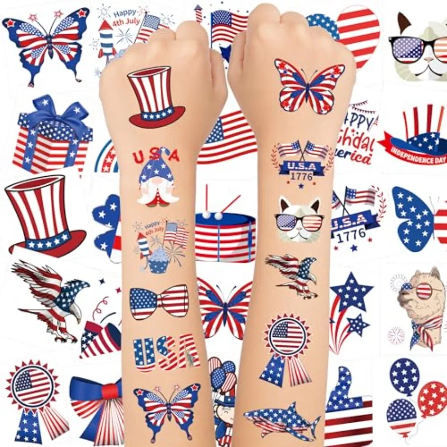 

150PCS 4th of July Temporary Tattoos for,Fourth of July Decorations, American Flag Red White and Blue Accessories Fake Tattoo S