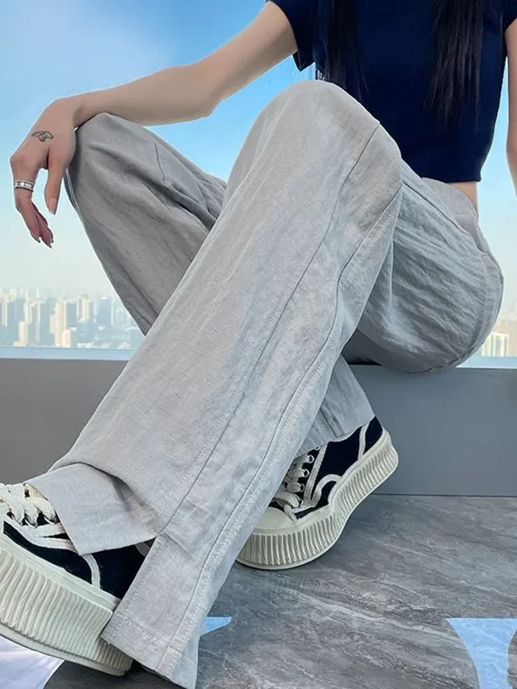 Letnie cienkie lodowe Slik podział proste spodnie damskie dorywczo luźne szerokie nogawki Pantalones koreańskie modne elastyczne spodnie dresowe z wysokim stanem