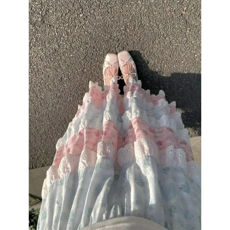 2026 Primavera novedad de verano vestido de encaje de cintura alta con forma de pastel para mujer dulce chica Vintage francés Floral encaje empalme falda Retro