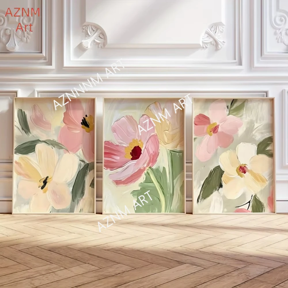 3pcs Frameless Pastel Wildflower Painting Printing,Neutral Tone Abstract Floral Printing,Country Style Flower,Colorful Art Decor