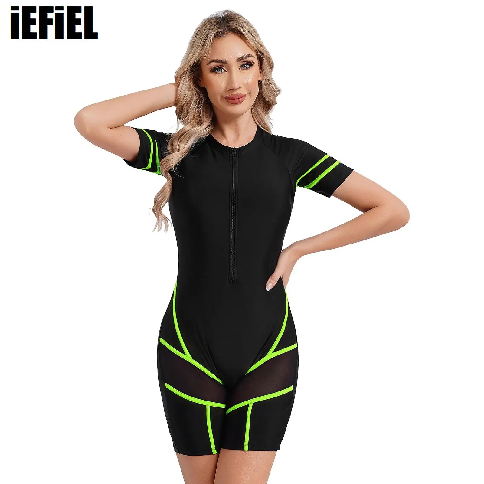 Women One-piece Athletic Swimsuit Short Sleeve Chest Pads Boyleg Zipper Swimwear Mesh Patchwork UPF 50 Rash Guard