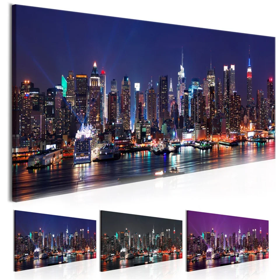 Wall Art Canvas Painting Pictures Poster 1 Set New York Building Night Scene Poster Modern Prints Home Decor Bedside Background