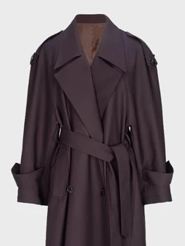 Lautaro Spring Autumn Oversized Khaki Extra Long Dark Purple Trench Coat for Women Double Breasted Elegant Luxury Overcoat 2025