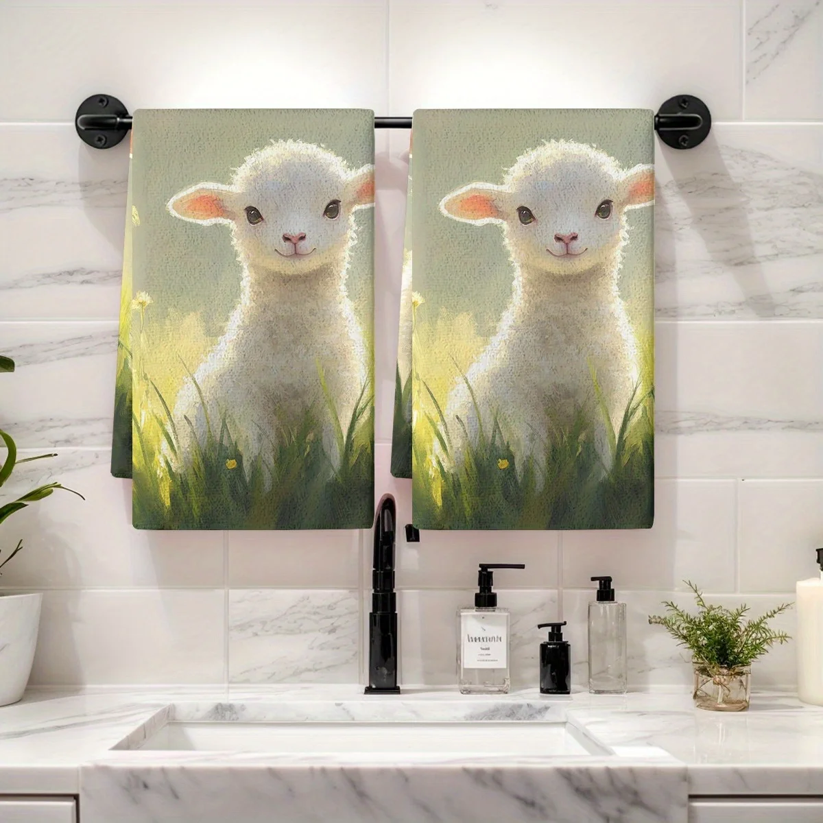 

2PCS Kitchen Cleaning Cloth Dish Towel Cute Lamb In Spring Meadow Pastoral Style Dish Cloths For Bathroom And Kitchen Hand Towel